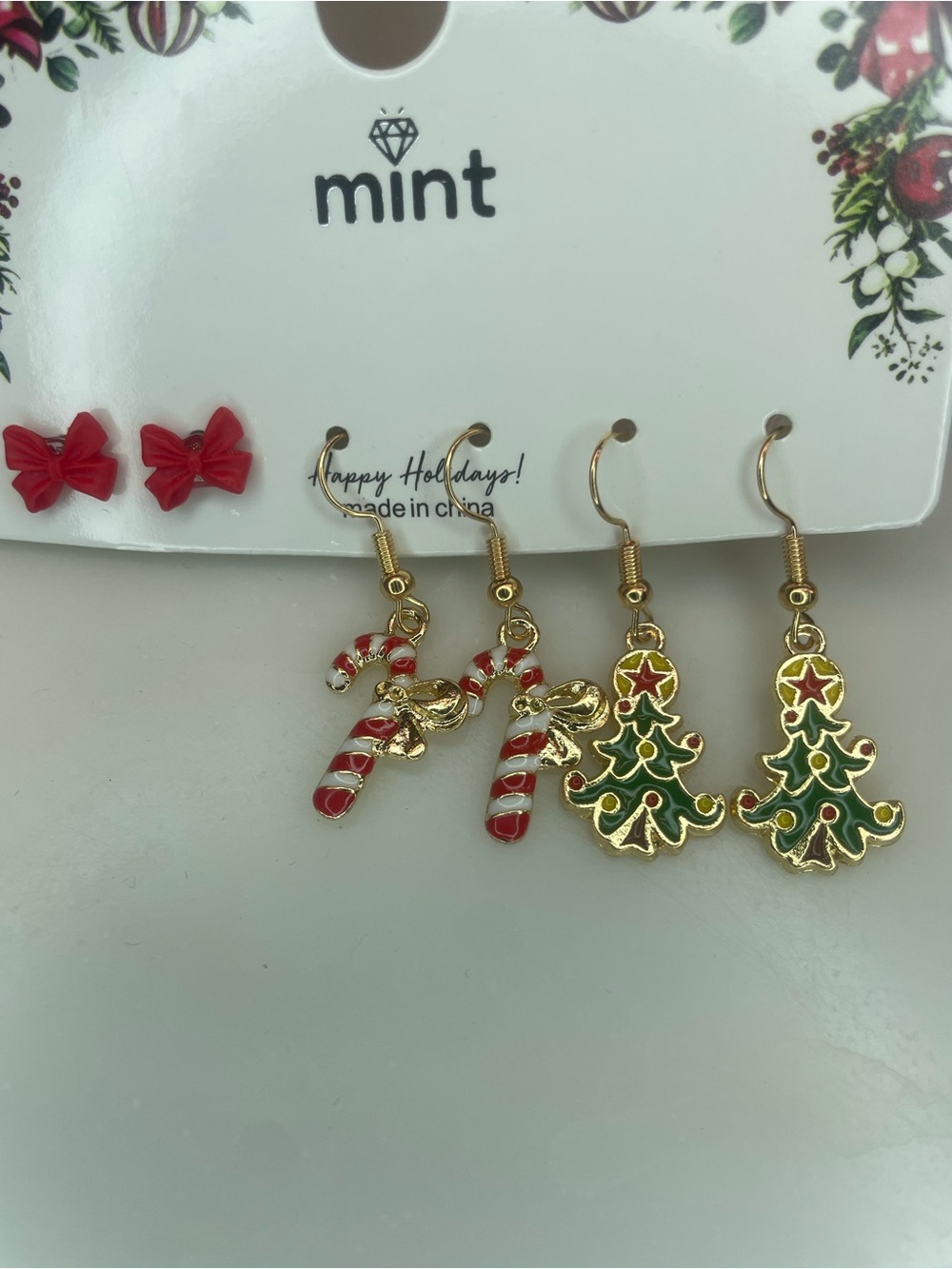 Mint Gold-Tone Candy Cane, Christmas Tree Drop Earrings & Red Bow Stud